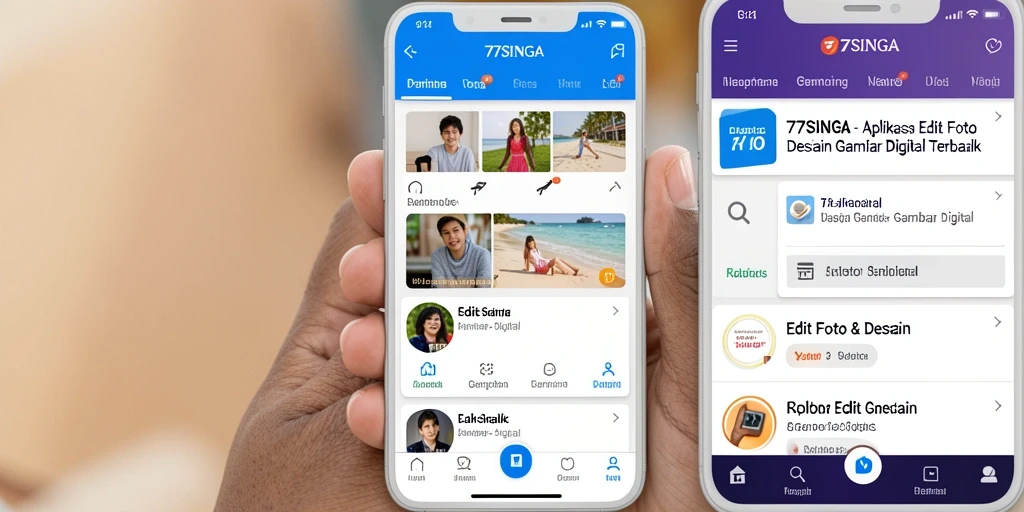 Tampilan antarmuka desain aplikasi Gambar Digital 77SINGA yang menarik.